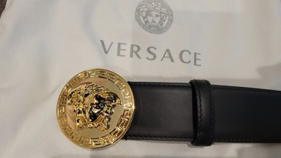 Versace Men Black Leather Belt Size 85-90-95-100 Gold Buckle