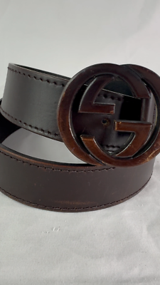 GUCCI Brown Leather GG Wood Interlocking Buckle Men's Belt Made in
