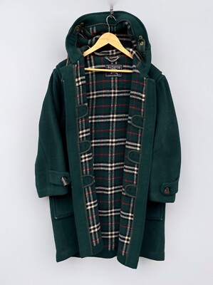 Rare Vintage 80's BURBERRY Nova Check Lined Wool Duffle Coat Green