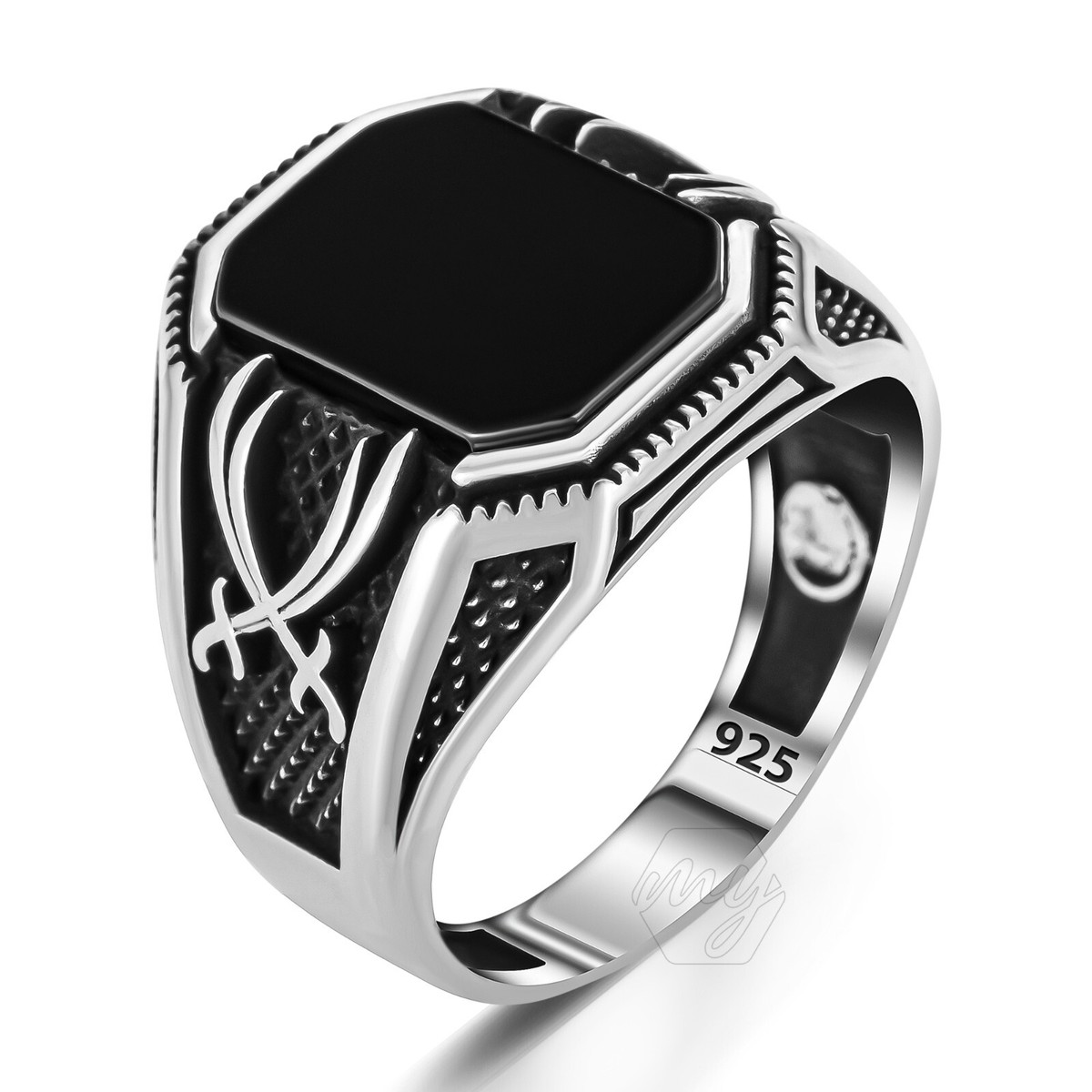 925 Sterling Silver Zulfiqar Sword Design Black Onyx Stone Men's