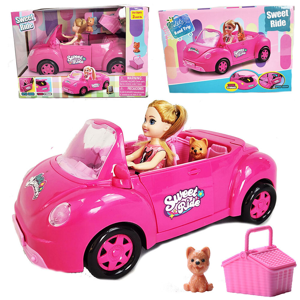 Pink Kids Girls Convertible Toy Car Open Doors & Doll Accessories