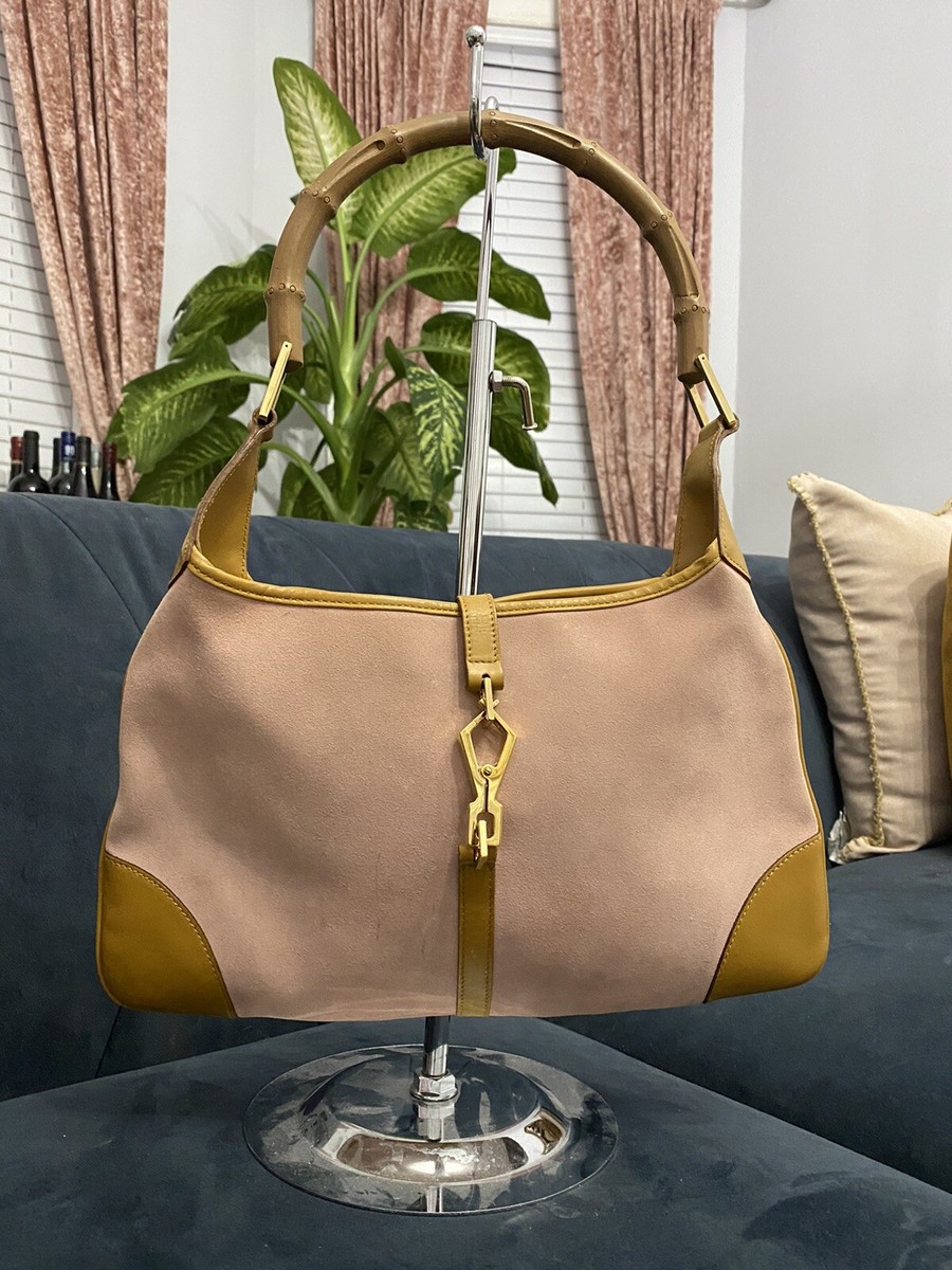 GUCCI LIGHT PINK/TAN SUEDE LEATHER JACKIE BAMBOO SHOULDER BAG | eBay