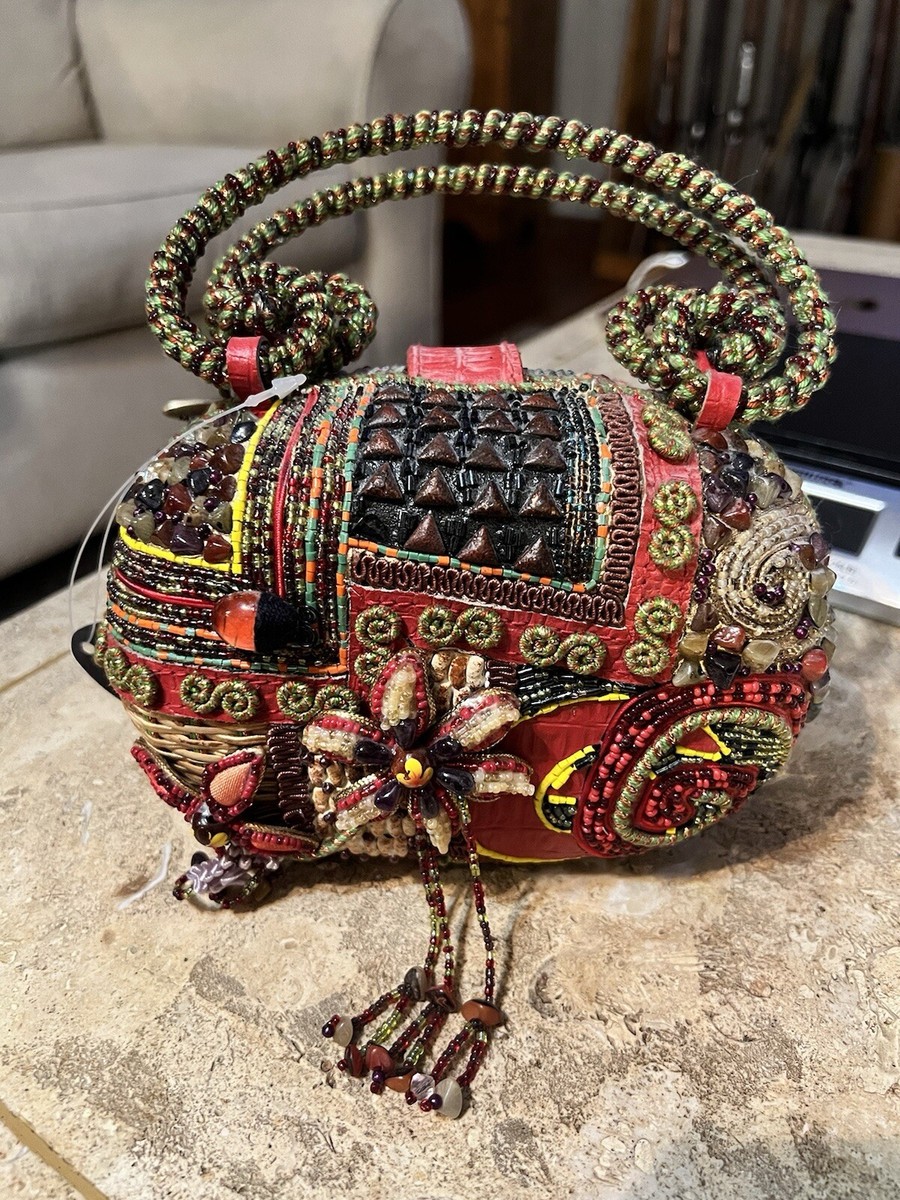 Vintage Mary Frances Ladybug Swirl Beaded Hard Side Handbag Purse