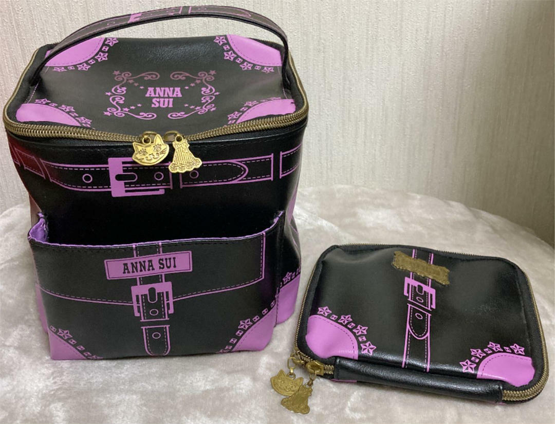 Anna Sui Vanity Pouch Bag Case 2 Set Black Purple Cat Travel Trunk
