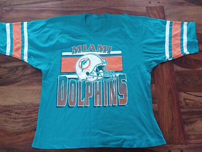 Vintage 80s Logo 7 Miami Dolphins T-Shirt XL VTG USA V-Neck Teal