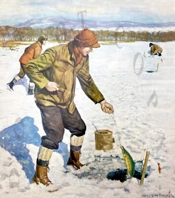 ANTIQUE 8X10 REPRODUCTION PHOTO PRINT MAN TIP UP ICE FISHING FOR