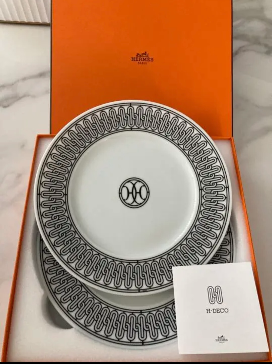 Hermes H Deco Dinner Plate Set of 2 white porcelain Dessert 22 cm