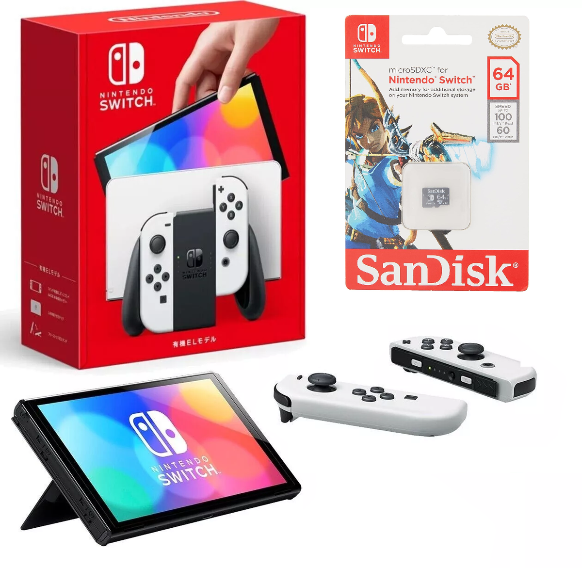 NEW Nintendo Switch OLED 64GB White + High Performance 64GB SD