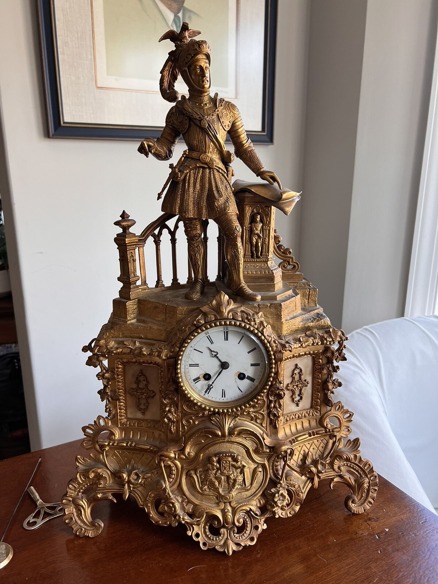 French Empire Ormolu Gilt Bronze Mantel Clock of Military Figure