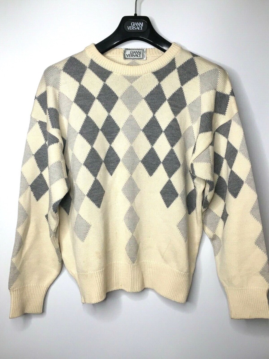 GIANNI VERSACE VINTAGE '97 WOOL SWEATER MEN ARGYLE LOZENGE WHITE