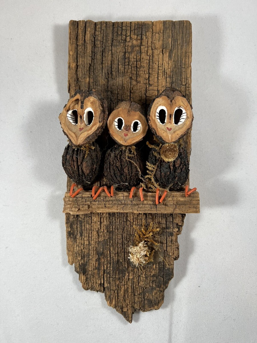 Handmade Wall Hanging Three Walnut Shell Owls on Wood Plaque 8.5