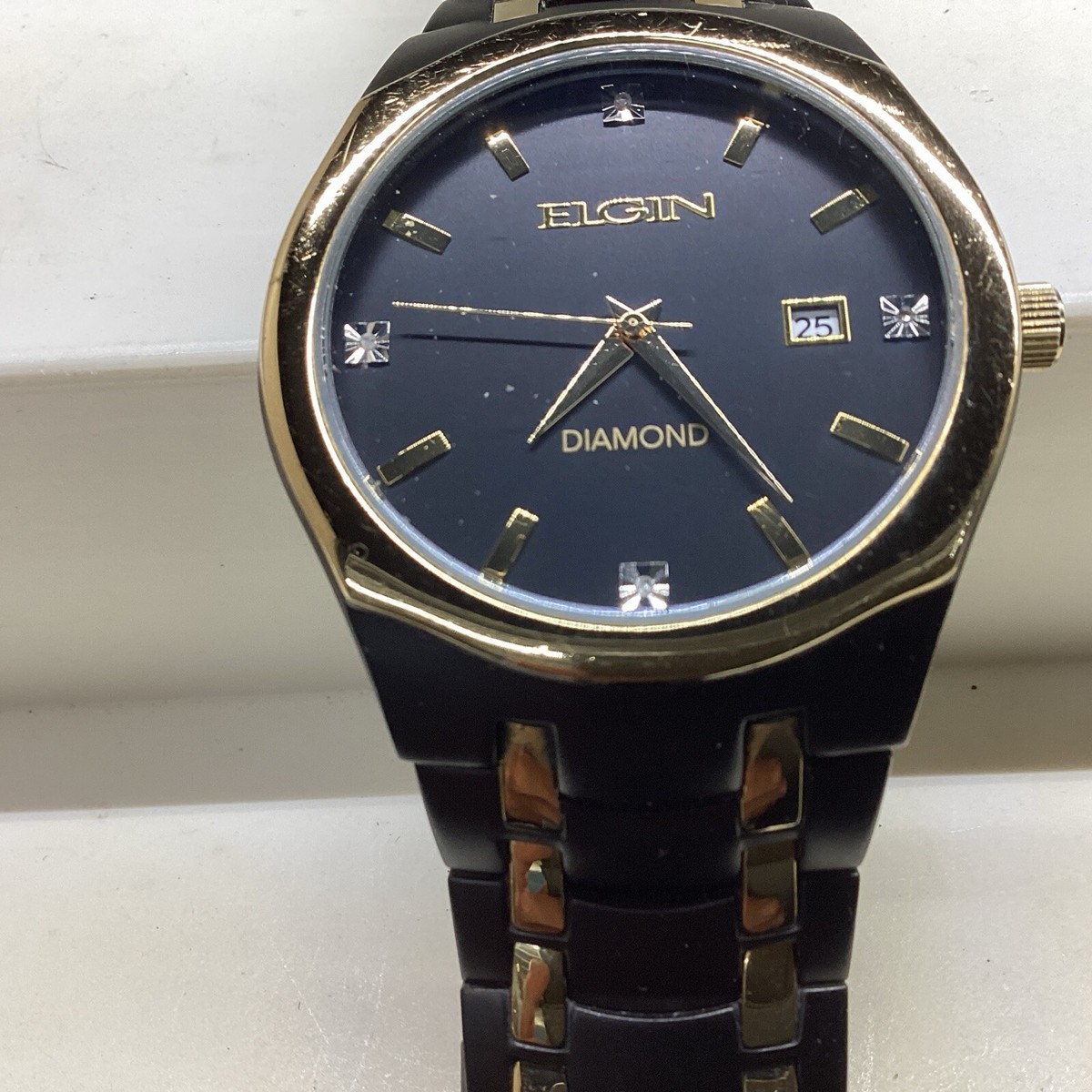 Elgin Men's Watch FG8021 Black And Gold Diamond Japanese Movement