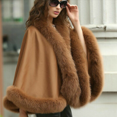 Real Cashmere Cape Coat Real Fox Fur Trim All Round Cloak Poncho