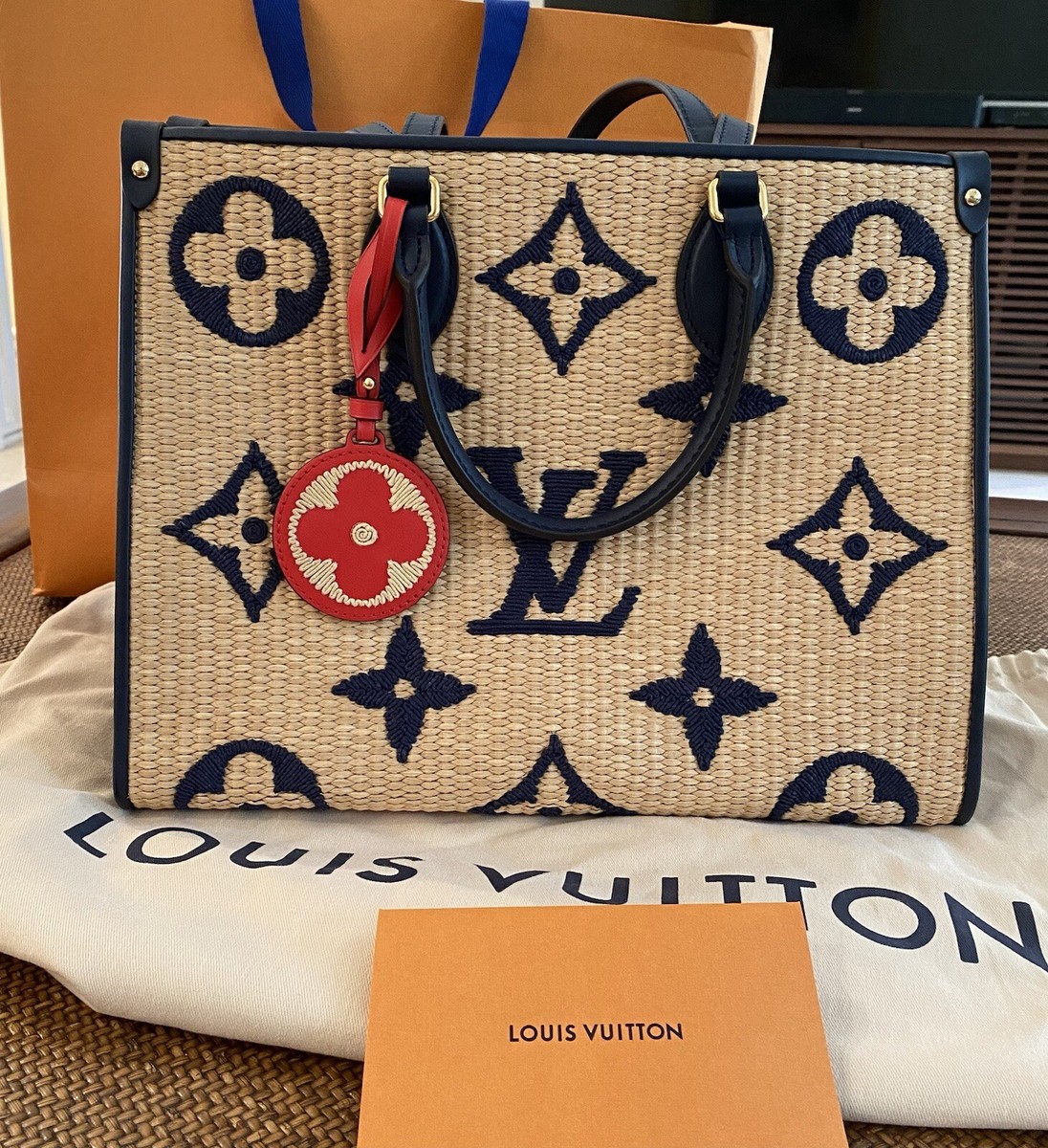AUTHENTIC LOUIS VUITTON Monogram Raffia OnTheGo MM Navy Blue Bag