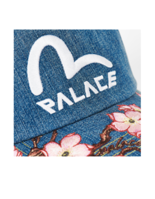 Palace Evisu Denim Mesh Trucker Cap Stone Wash Cherry Blossom SS23