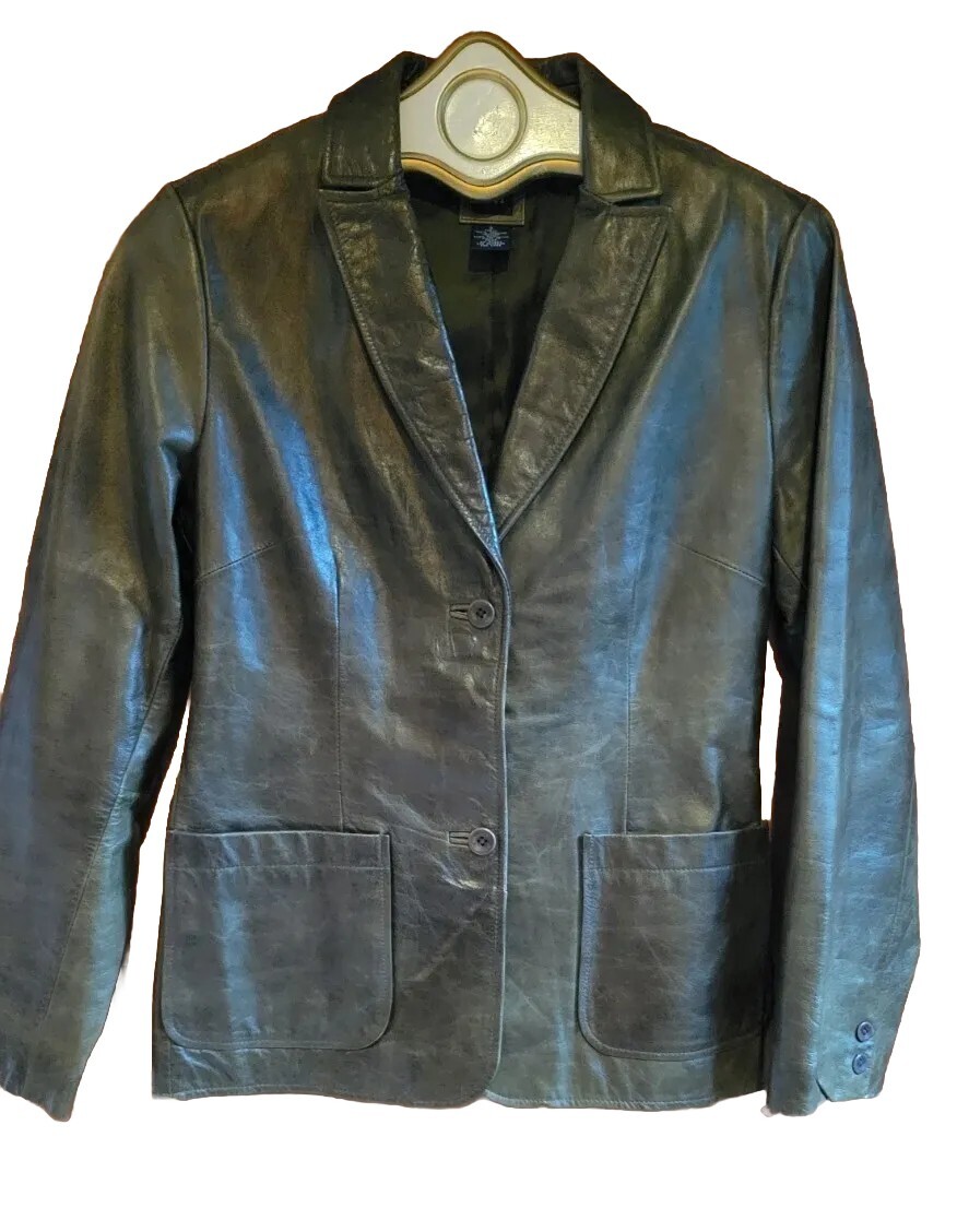 Vintage Gap Army Green Leather Jacket Blazer Coat S Olive Ladies