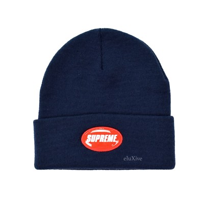 NWT Supreme NY Men's Navy Blue Red Rubber Patch Logo Beanie Hat