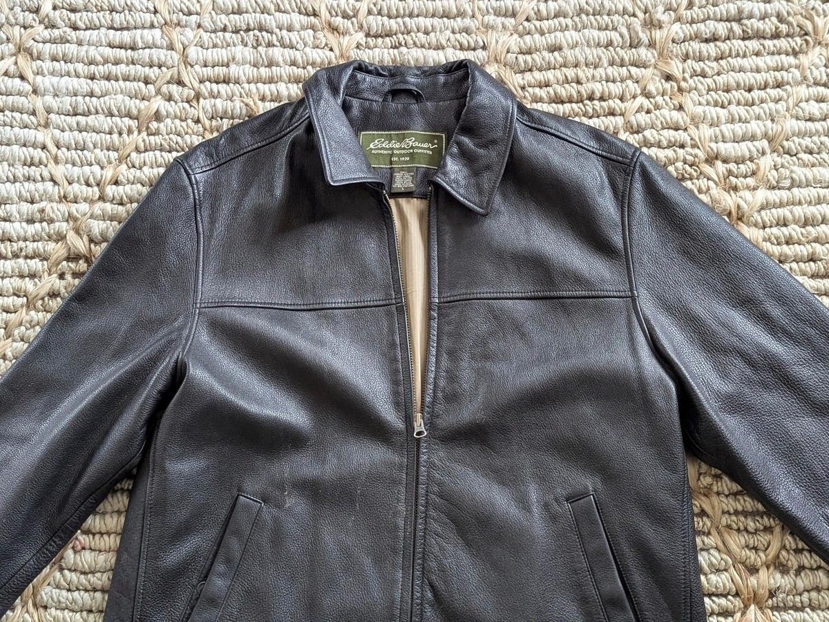 vintage EDDIE BAUER leather jacket L black MOTO supple cowhide | eBay