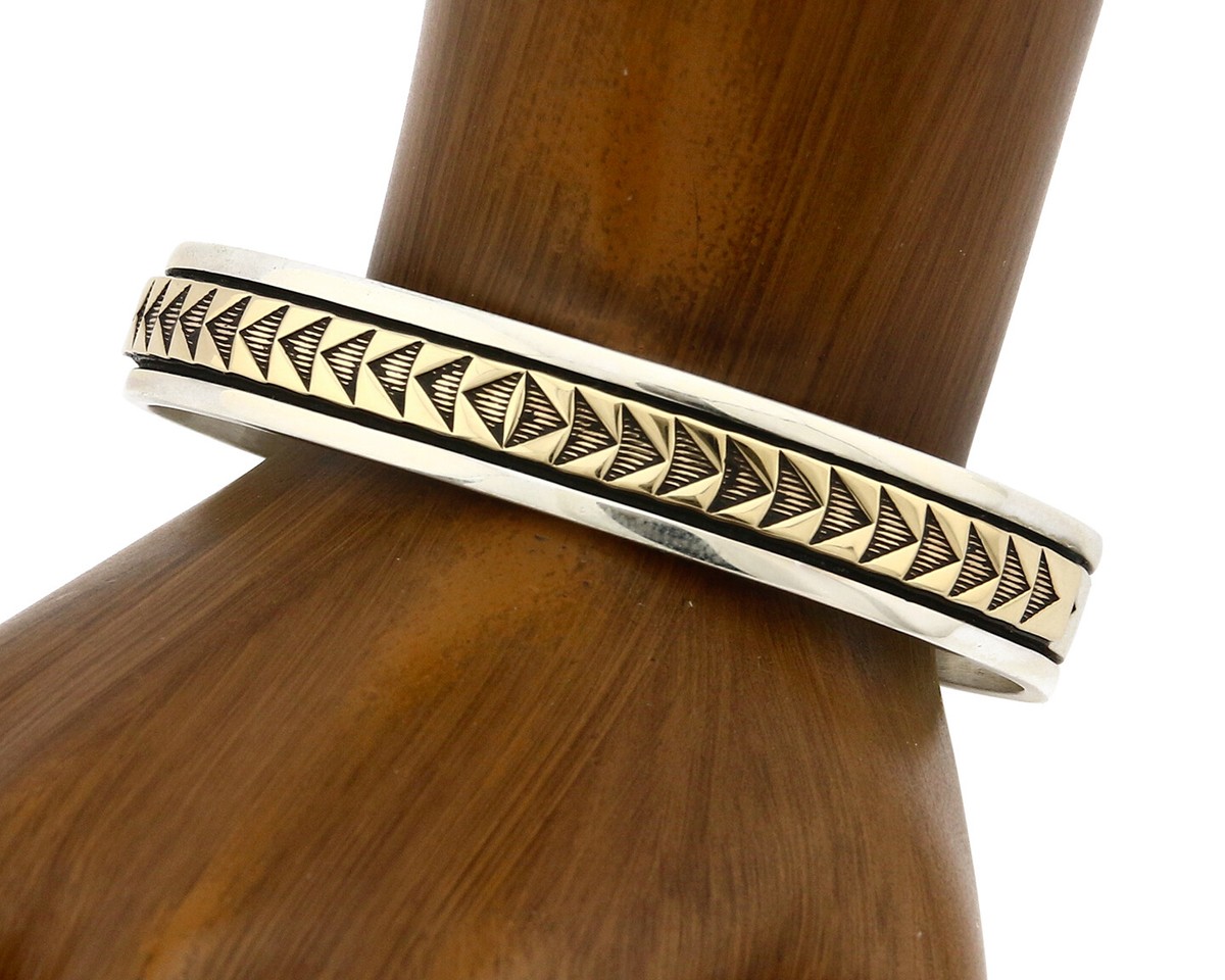 Navajo Bracelet .925 Silver SOLID 14k Yellow Gold Signed MM Rogers