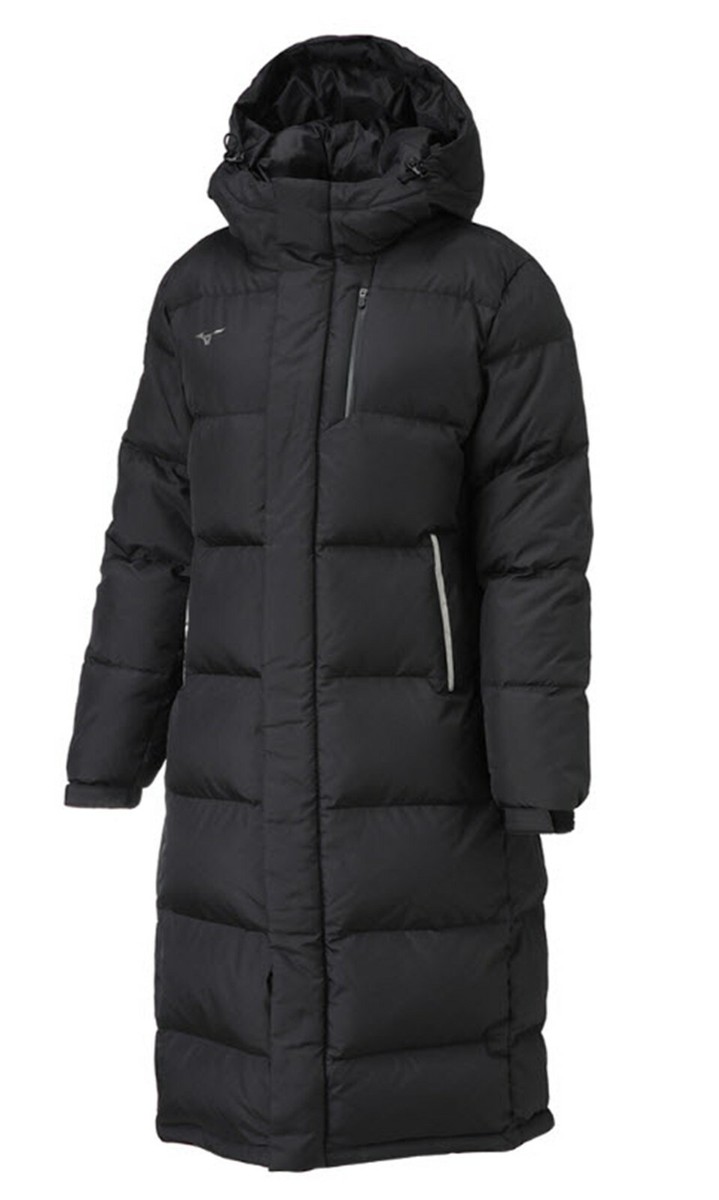 Mizuno Bench Long Coat Padded Jacket Black Winter Hood Duck GYM