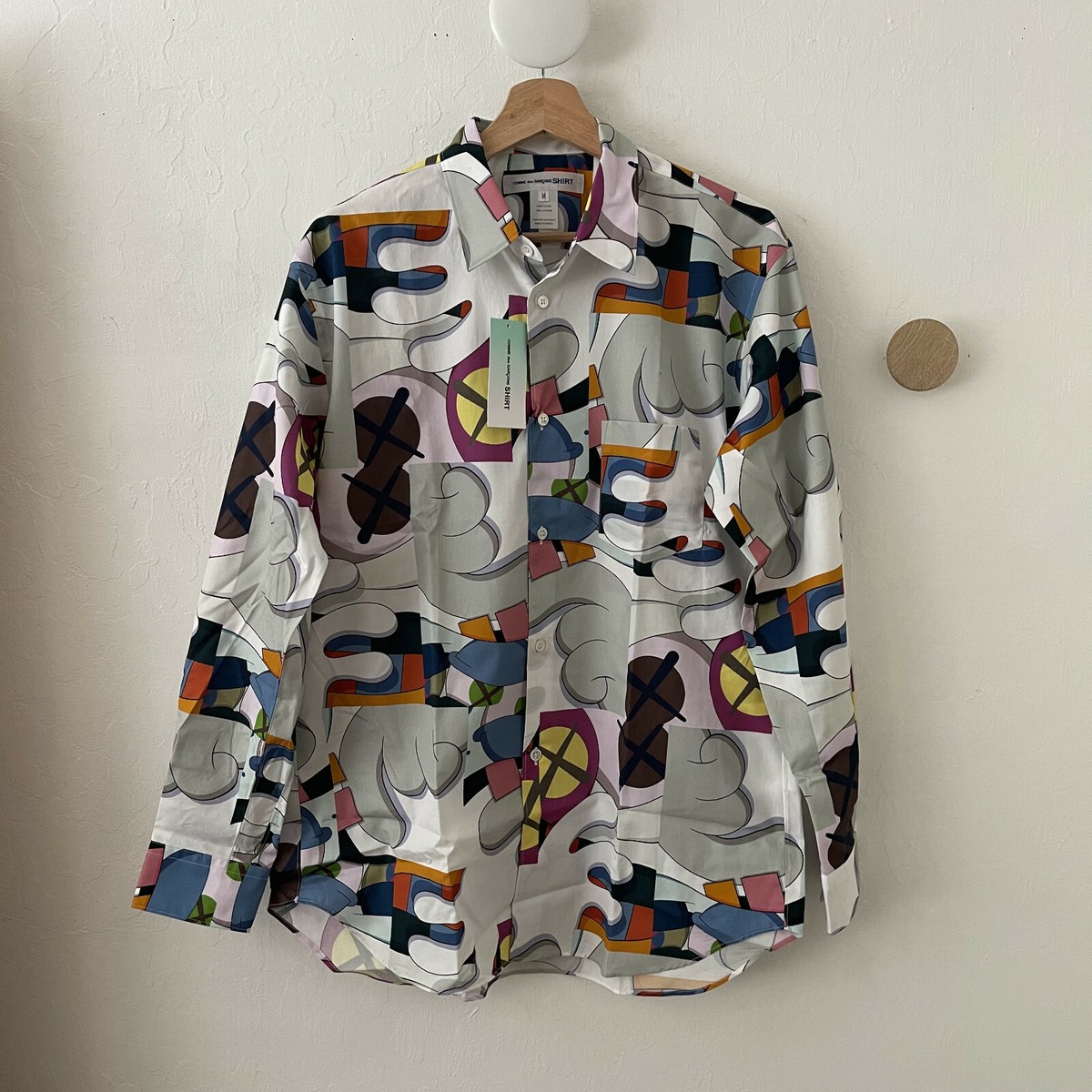 KAWS x COMME DES GARCONS SHIRT All Over Print I Button Poplin Sz M