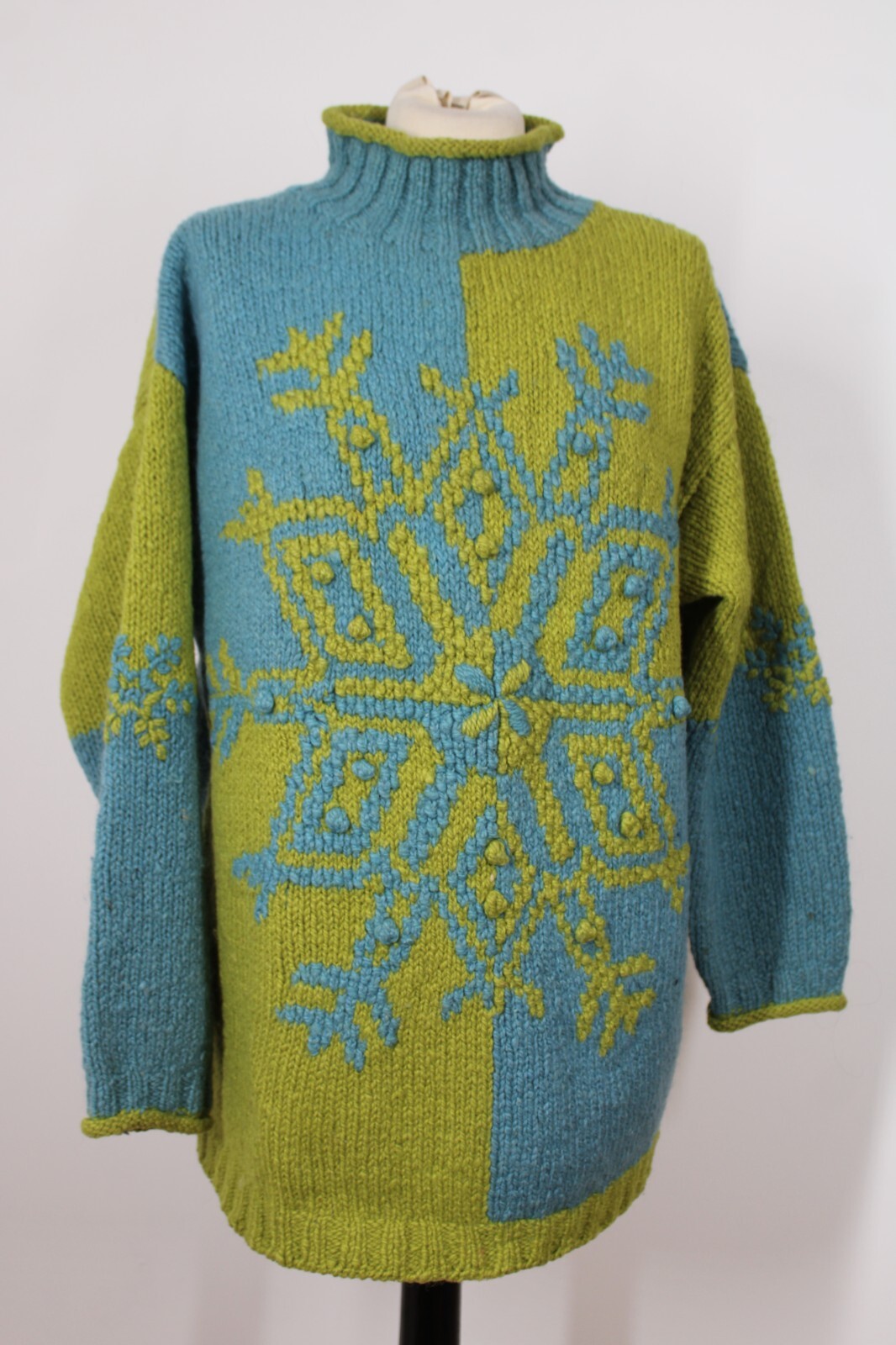 Vtg 90s Express Tricot L Chunky Snowflake Green Blue Mockneck Wool