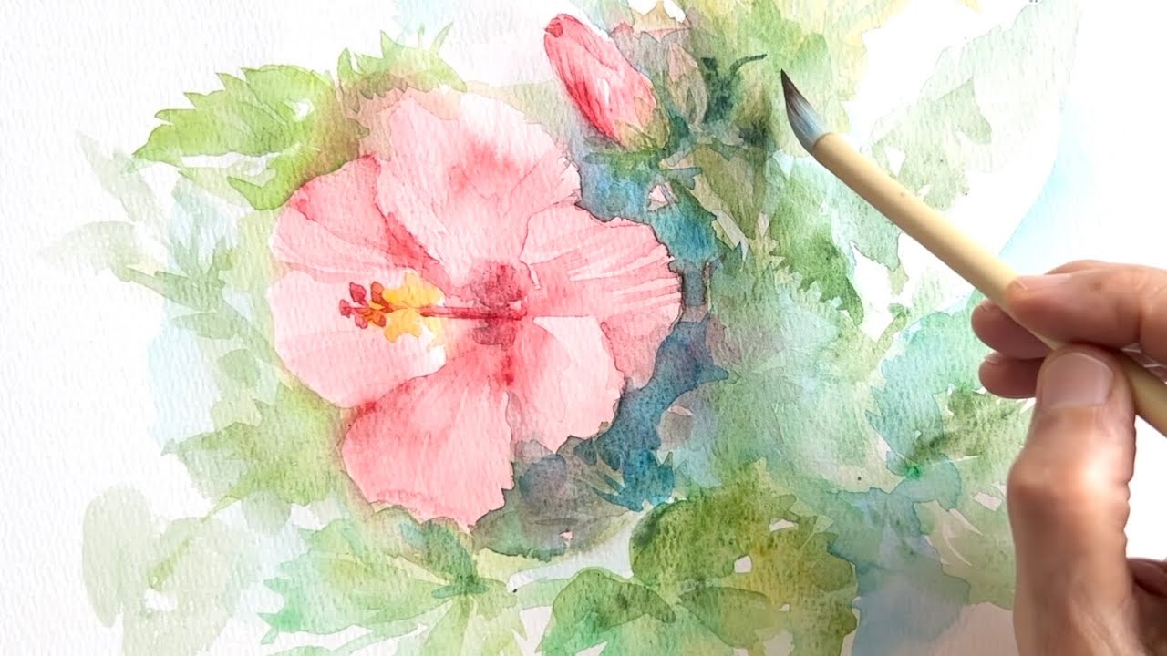 水彩画]ハイビスカスの花を描く/watercolorpainting /制作過程 - YouTube