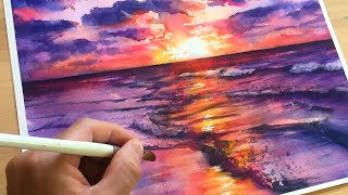 Watercolor Painting] How to Paint an Attractive Ocean at Dusk