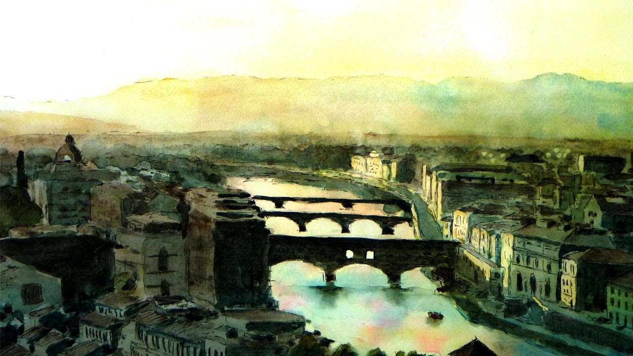夕映えのイタリア・フィレンツェの街（透明水彩風景画）Florence
