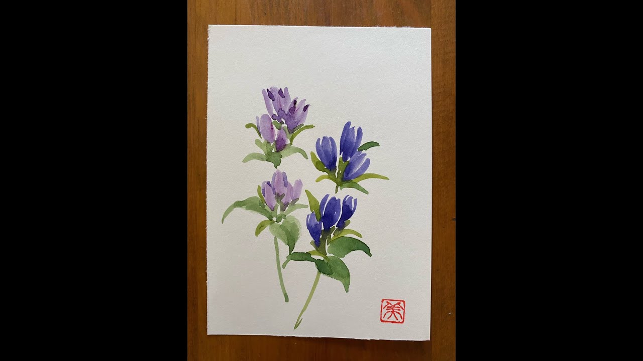 誰でも描けるハガキ絵💕【竜胆・リンドウ】水彩画・花・手書き・初心者