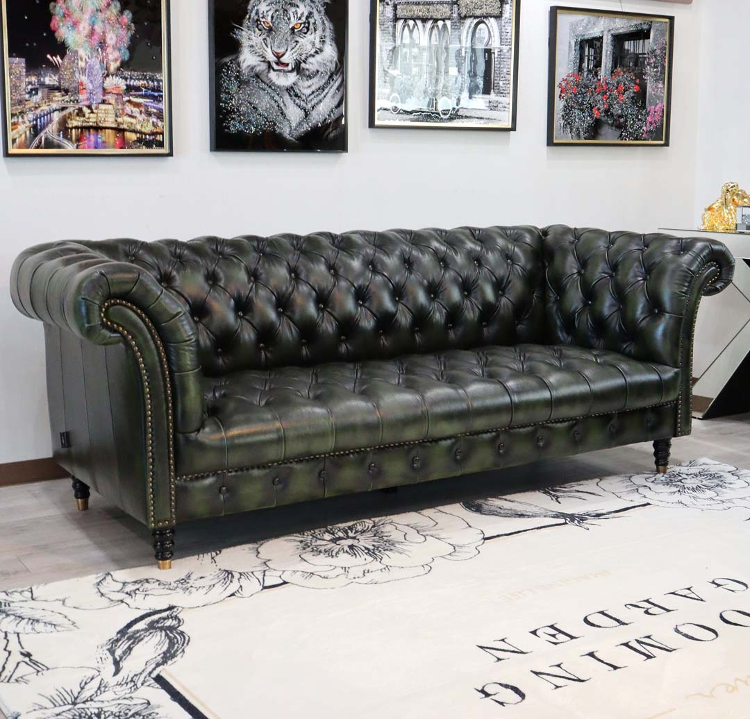 総革張りソファー チェスターフィールド 3人掛け グリーン 三人掛け 本