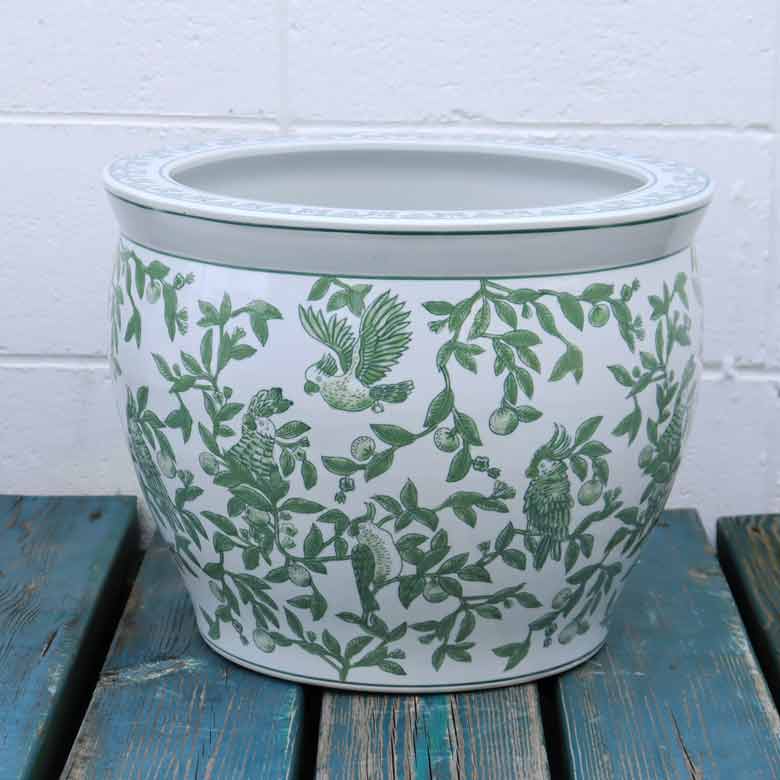 水鉢 大型 陶器 13号 緑 花鳥 火鉢 鉢カバー プランターカバー