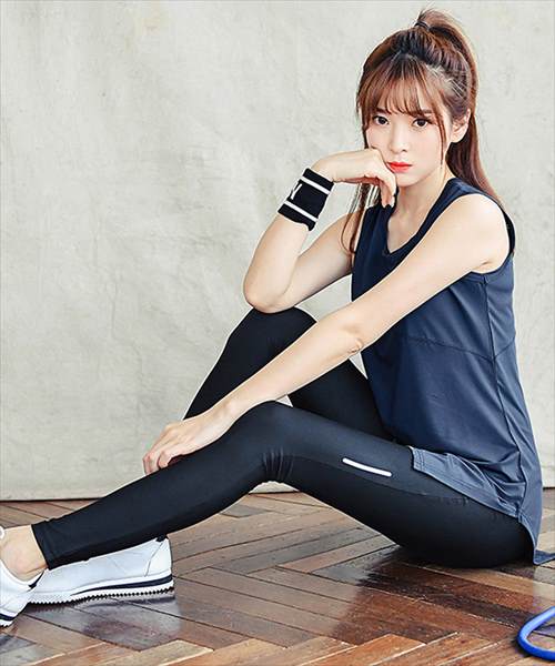 レディース アシメタンクトップ+反射プリントヨガレギンス 上下2点