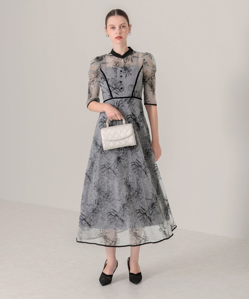 LEJA】配色パイピングプチハイネック花柄刺繍ラメレースロング丈ドレス