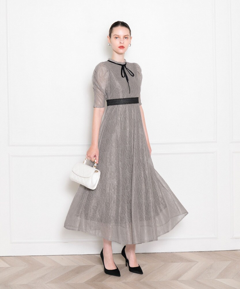 LEJA】ウエストマークパフスリーブ総レースロングドレスワンピース