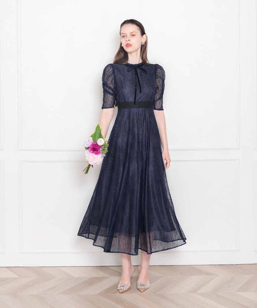 LEJA】ウエストマークパフスリーブ総レースロングドレスワンピース