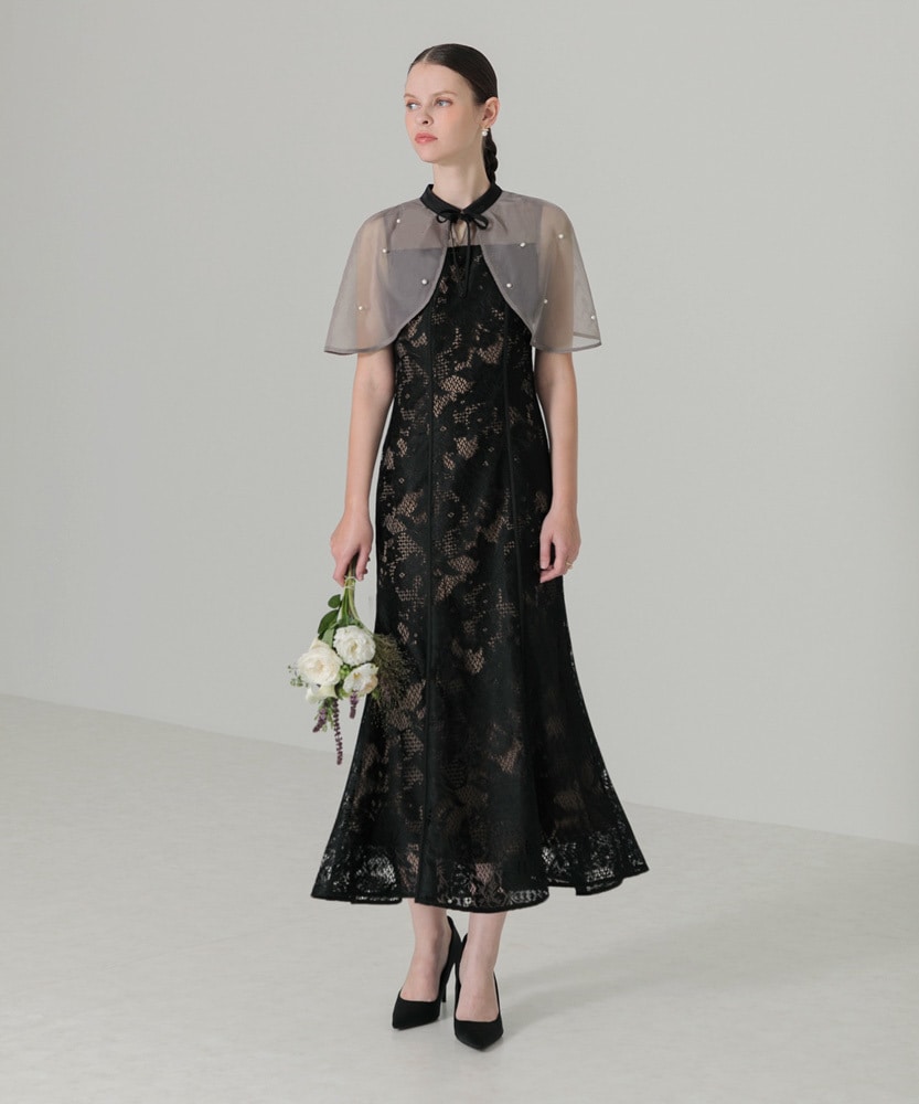 LEJA-パール付きオーガンジードッキングボレロ風ケープワンピース