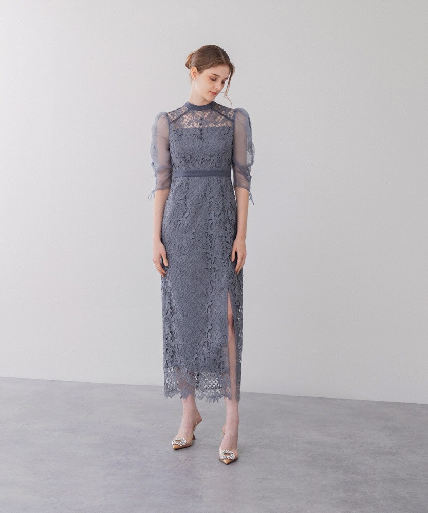 シアーレースパフスリーブスリットIラインドレス | レジャ(Leja