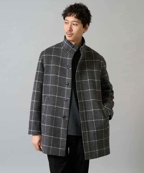 セール】 ウールライトビーバーチェックスタンドカラージャケット