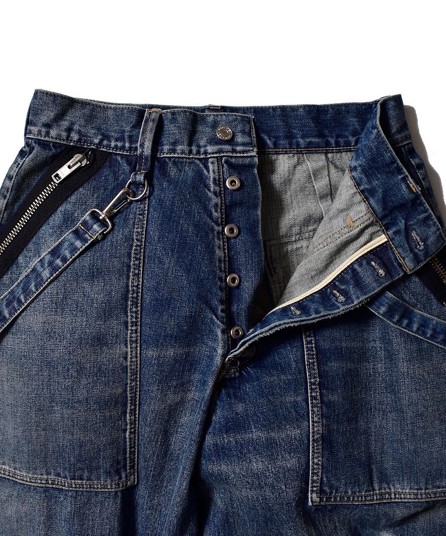 MINEDENIM - ×KIDILL WIDE ZIP & STRAPS DENIM PANTS-DISTRESSED DENIM