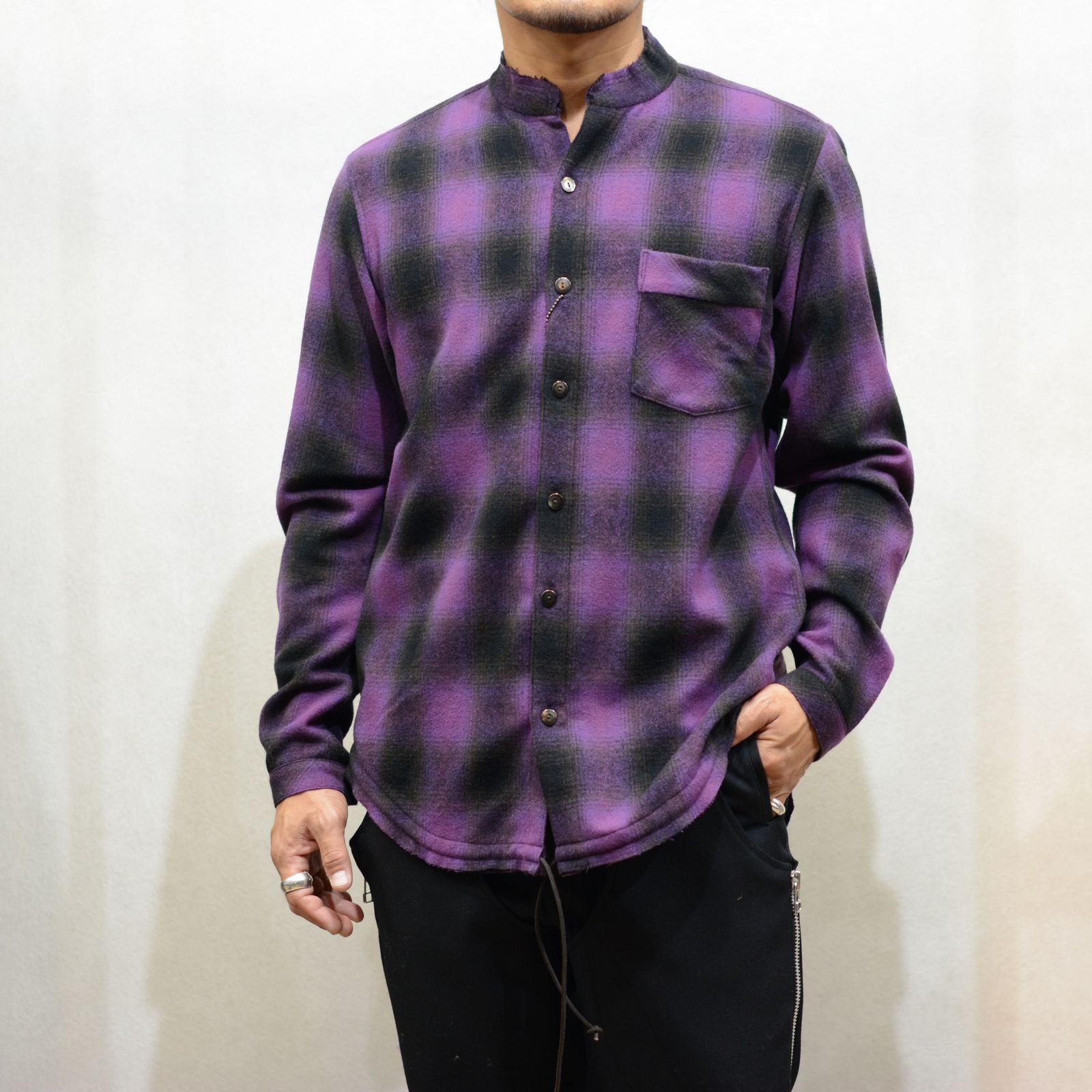 ISAMU KATAYAMA BACKLASH - ウールナイロン ノーカラーチェックシャツ