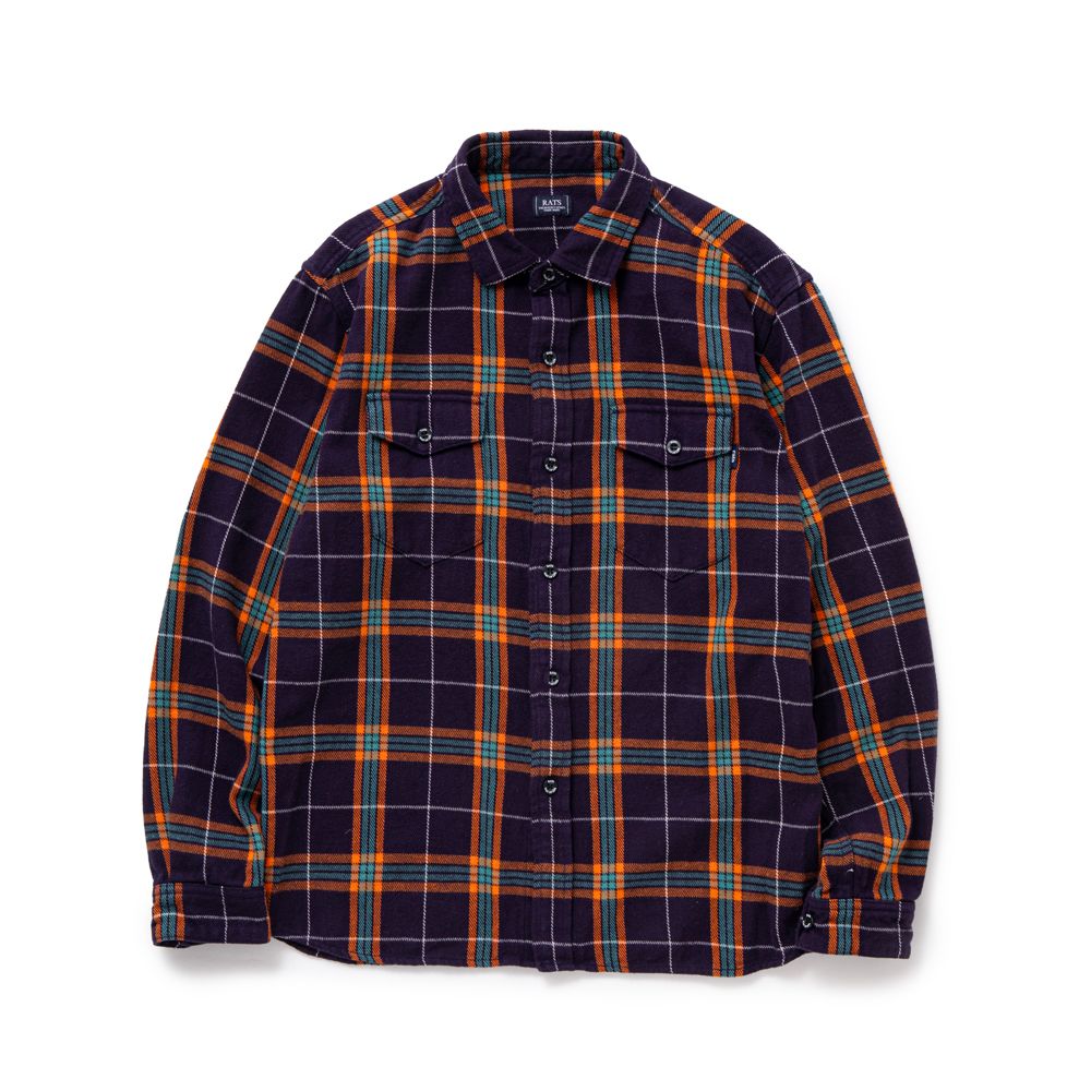 RATS - COTTON FLANNEL NAVY CHECK SHIRT / コットンフランネル