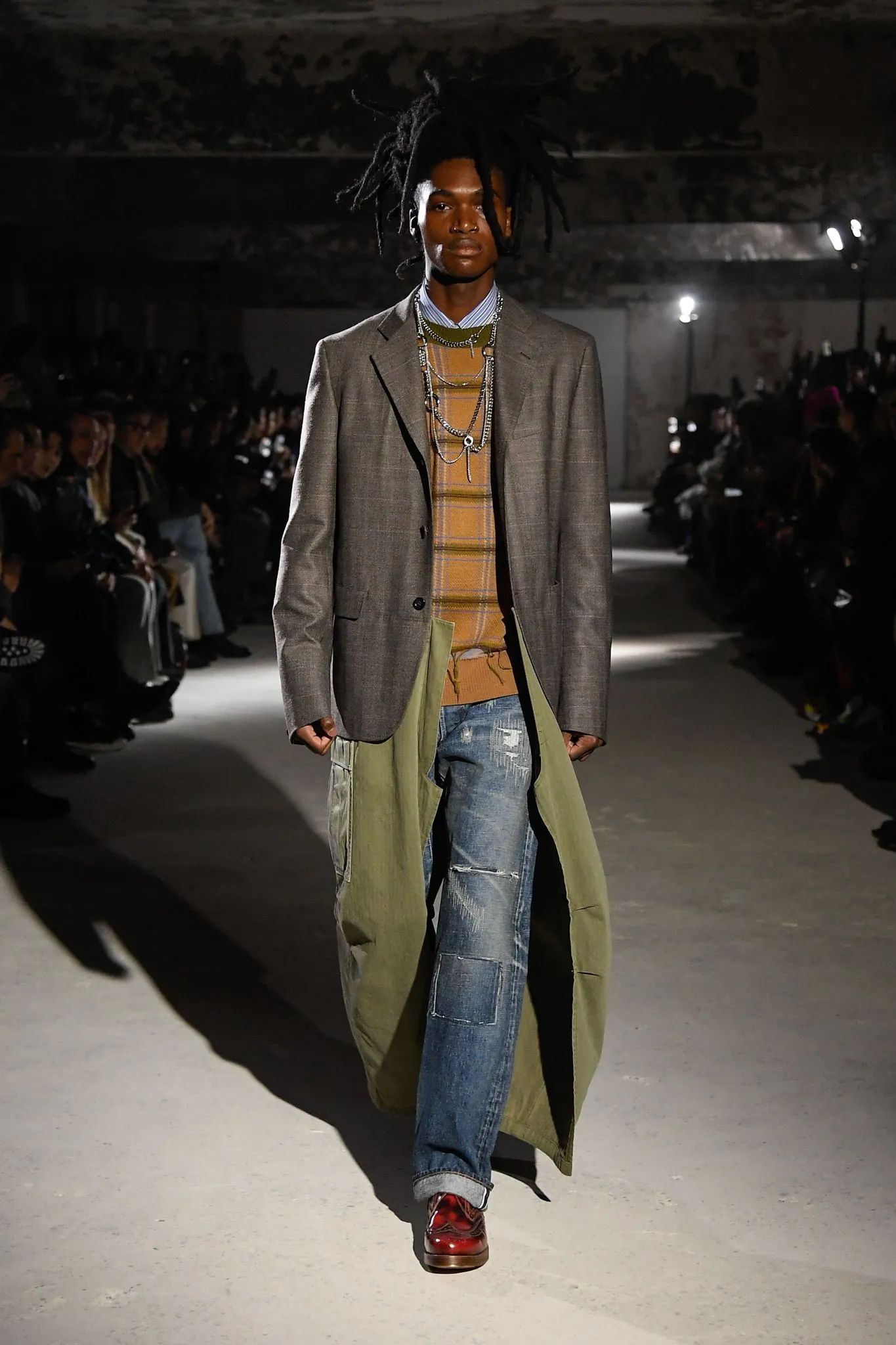 ジュンヤワタナベマン24AW ウールチェック×綿ヘリンボーンコート