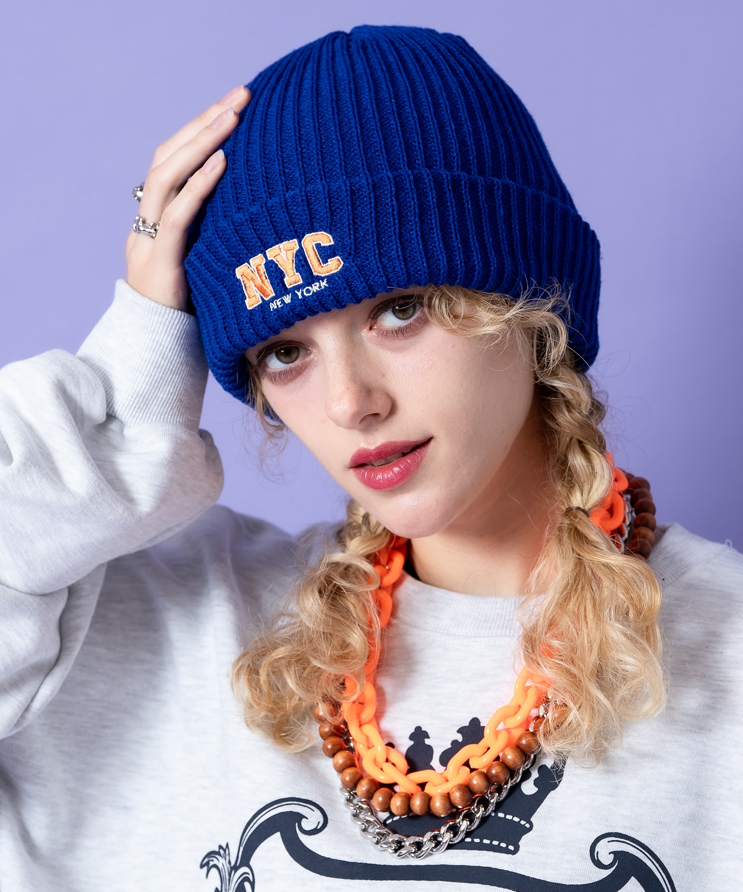 NYCロゴ刺繍リブニット帽 / ユニセックス ニットキャップ ビーニー 帽子