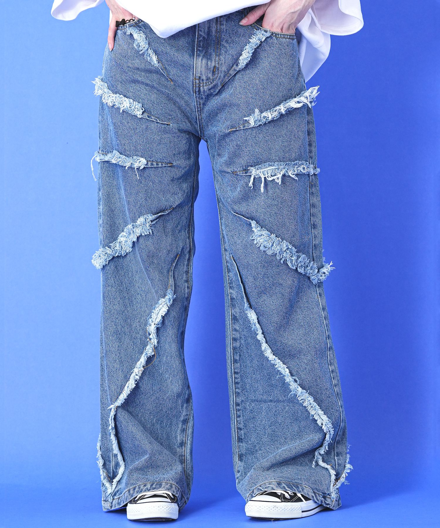 ラディアルフリンジウォッシュドワイドデニムパンツ / ビンテージ