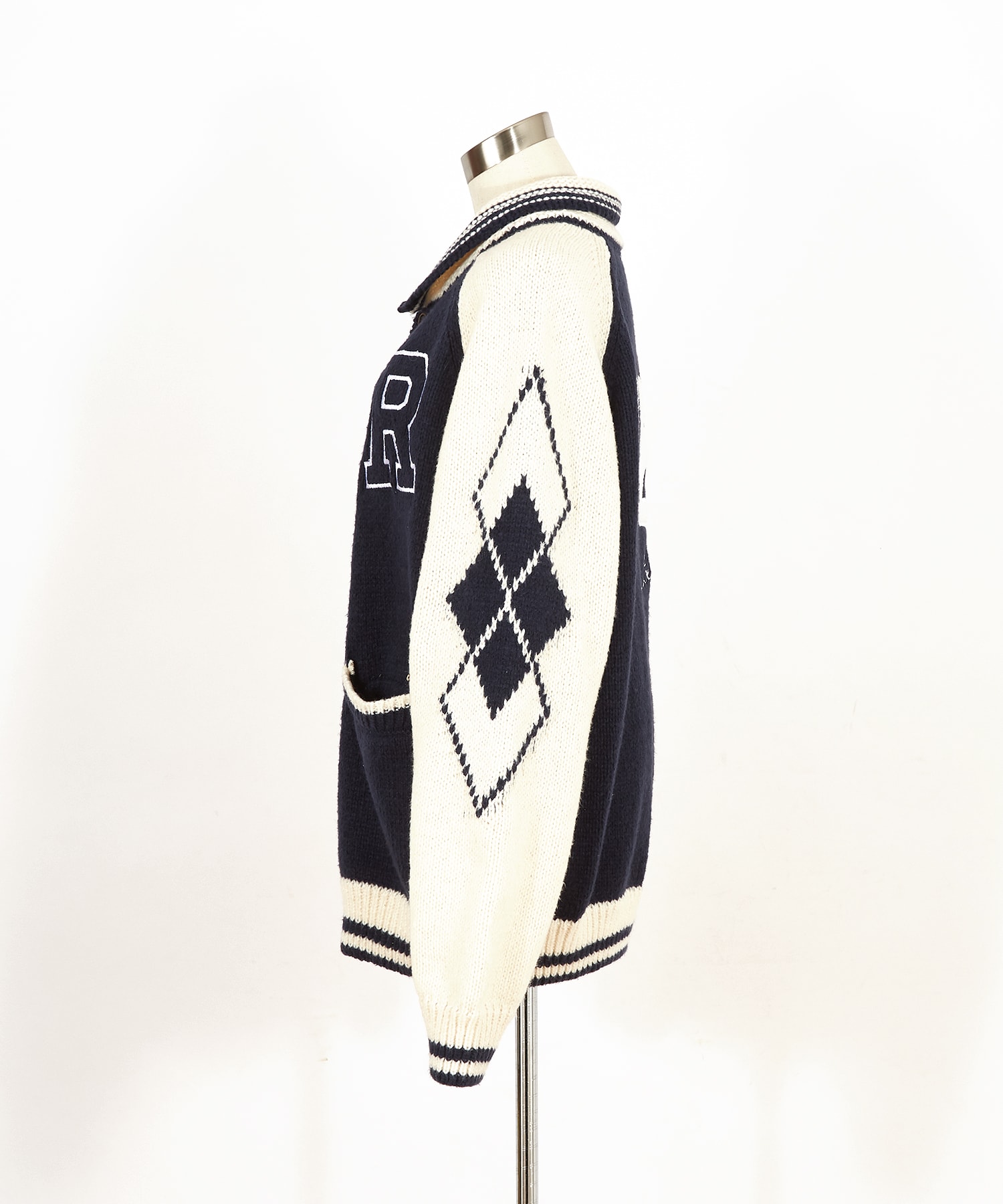 アメカジライクロゴ刺繍＆ナンバリングワッペンショールカラーニット