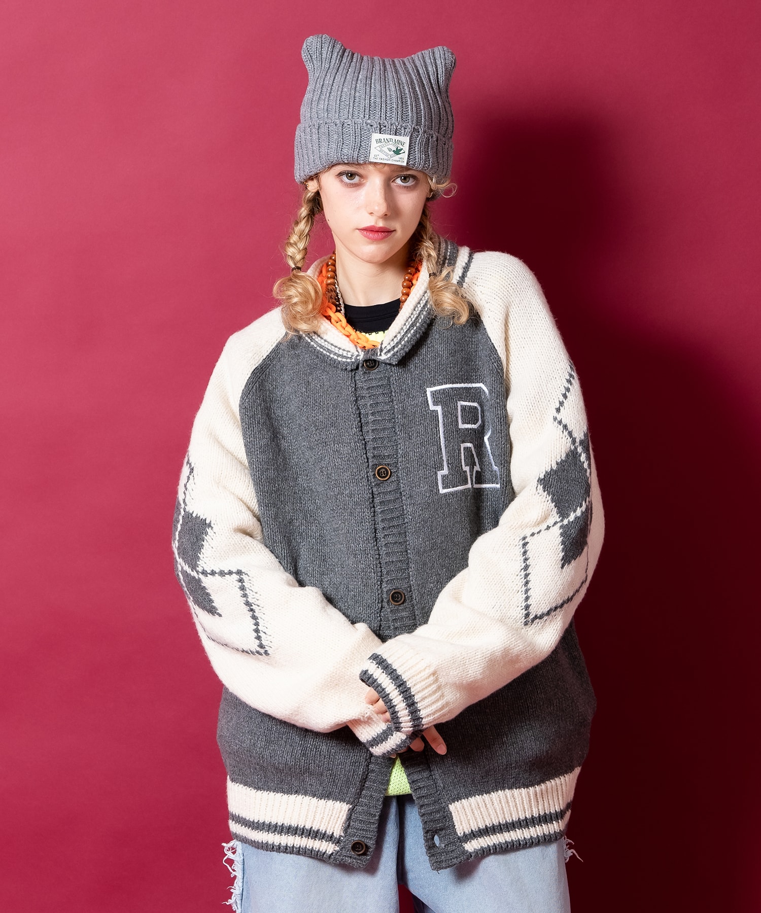 アメカジライクロゴ刺繍＆ナンバリングワッペンショールカラーニット