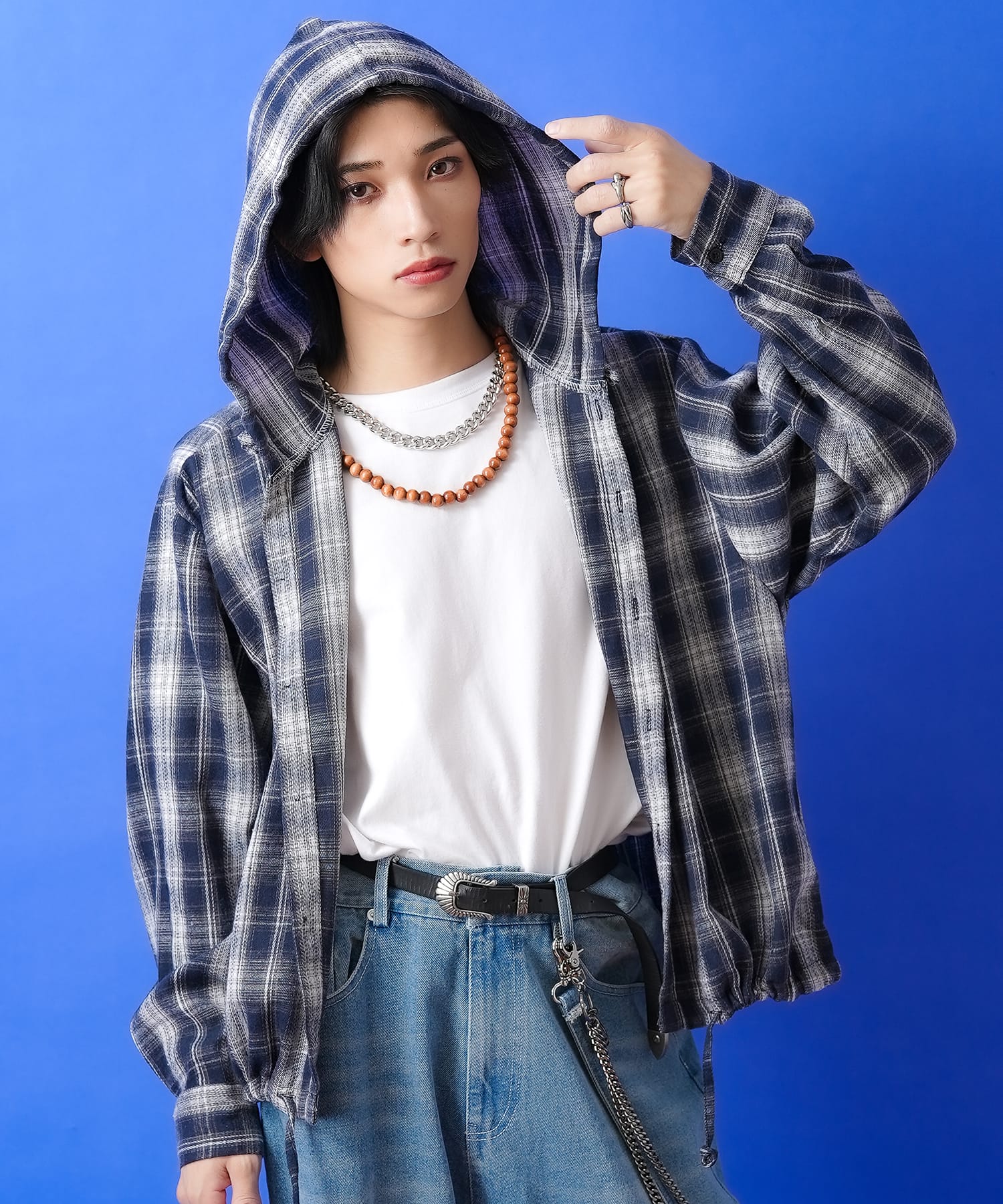 チェック柄クロップ丈ドフードネルシャツ / メンズ レディース ユニ