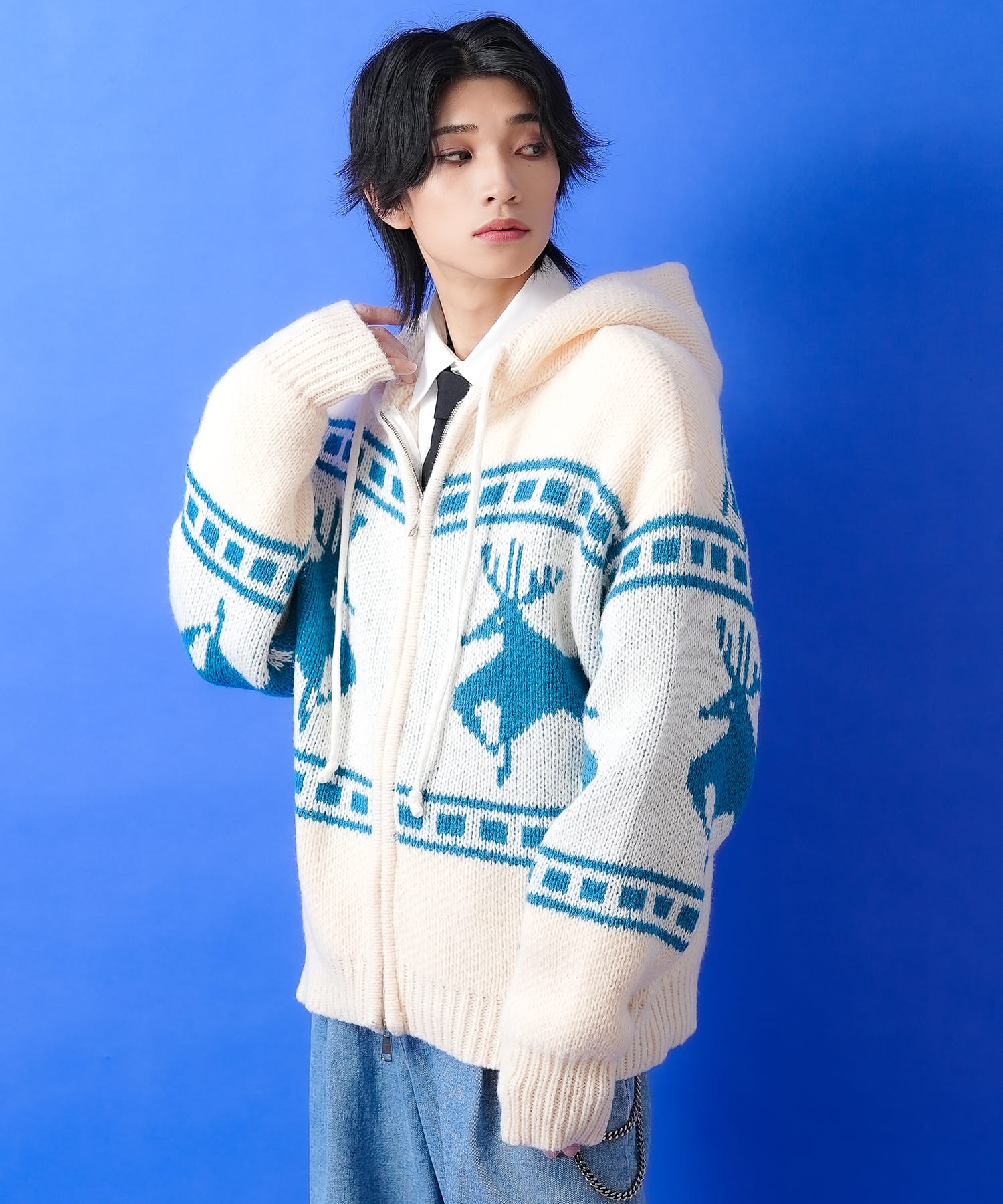 ノルディック柄カウチンニットフーディーセーター / メンズ レディース