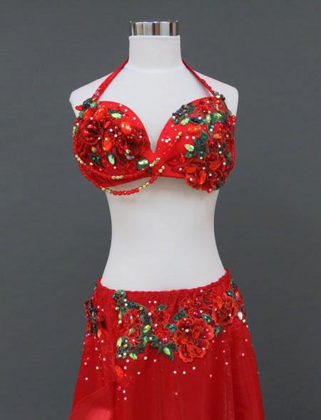 ベリーダンス衣装】豪華でキュート＆セクシーな赤！フラワー装飾に